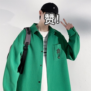 2025春华夫格翻领长袖衬衫港风大码男花朵贴标衬衣外套C2263-P50图片