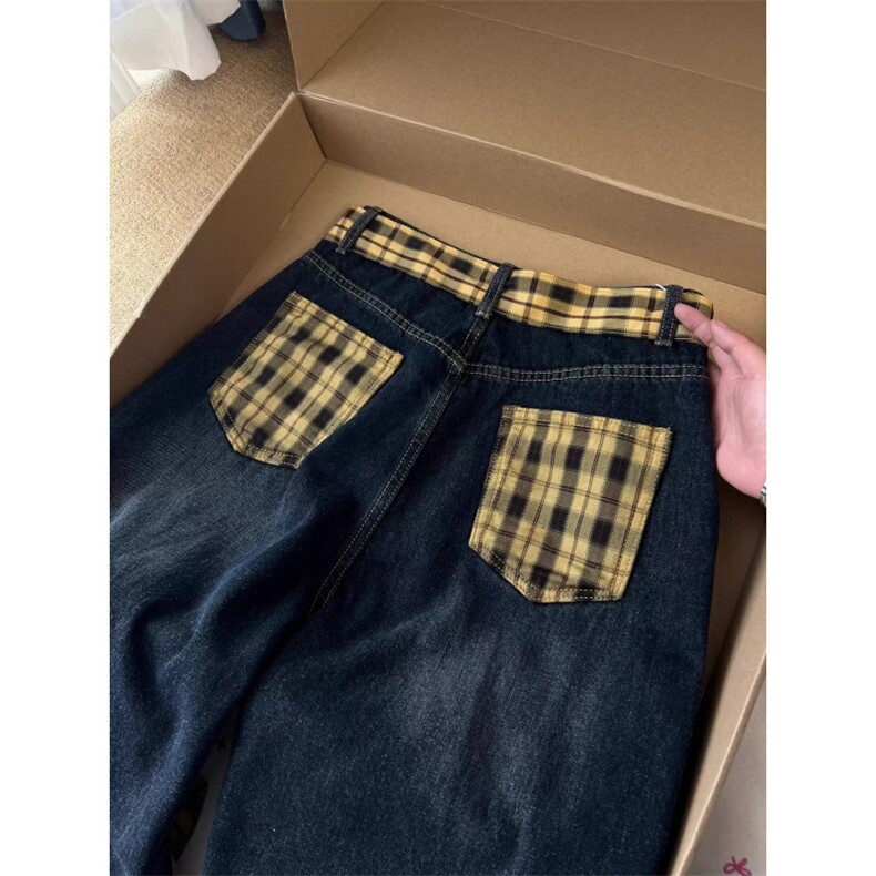 【有货】1987CC-特P46格子拼接牛仔裤男女直筒显瘦裤子,男装牛仔裤,星座1007（原301D）