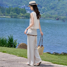 （新款现货）2026夏装时尚莱赛尔蕾丝刺绣马甲+屁帘阔腿裤两件套，女装套装/套裙，印象茜