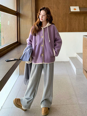 减龄紫色连帽皮毛一体羊羔毛外套女秋冬2025新款多巴胺巨好看超火，女装皮草，浙宝192（原082）