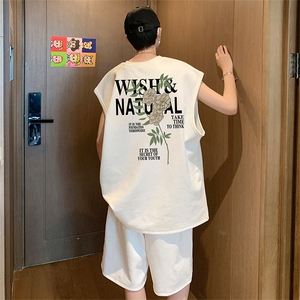 直播美式麂皮绒宽松背心无袖t恤短裤大码两件套套装 TZ44-P58图片