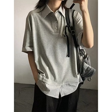 2026美式学院风polo衫宽松短袖t恤女夏季条纹假两件翻领灰色上衣，男装T恤，星座506A