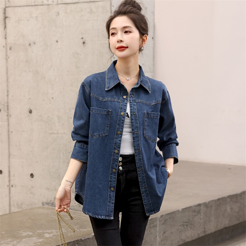 夏女装官网新款2025春季韩版休闲外套翻领中长款女士牛仔外套,女装衬衫,浙宝2-166