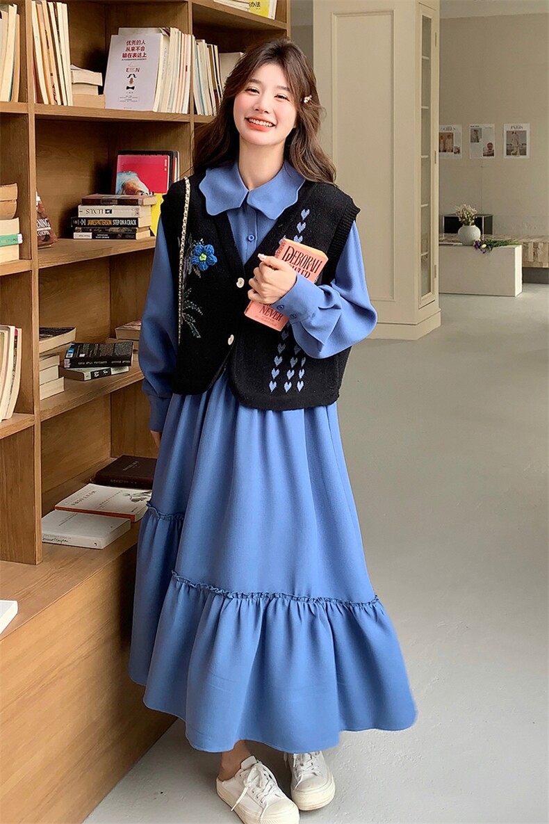 文艺风穿搭蓝色长袖娃娃领连衣裙配马甲女春秋超火好看长裙子套装,女装连衣裙,2C198