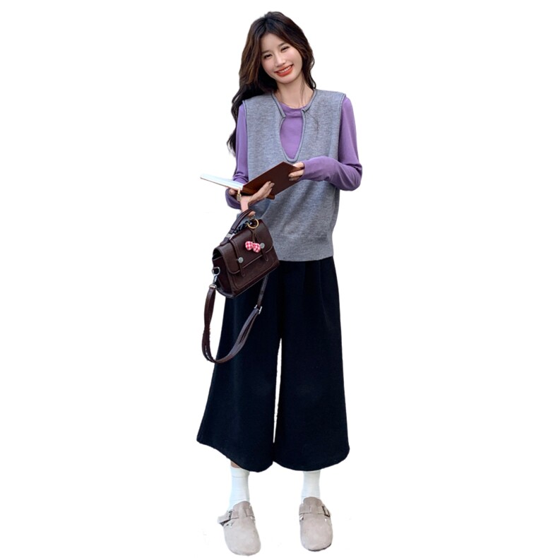 韩系针织毛衣打底衫阔腿裤三件套女秋冬2025新款设计ootd穿搭套装，女装套装/套裙，2C135