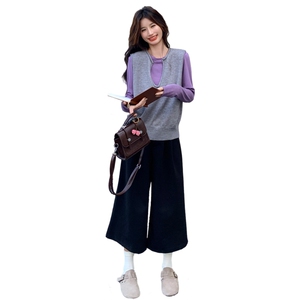 韩系针织毛衣打底衫阔腿裤三件套女秋冬2025新款设计ootd穿搭套装,套装/套裙,2C135