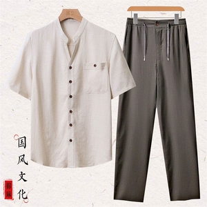 主推款夏季亚麻T恤2024风开衫休闲宽松中年半袖衬衣上衣男装图片