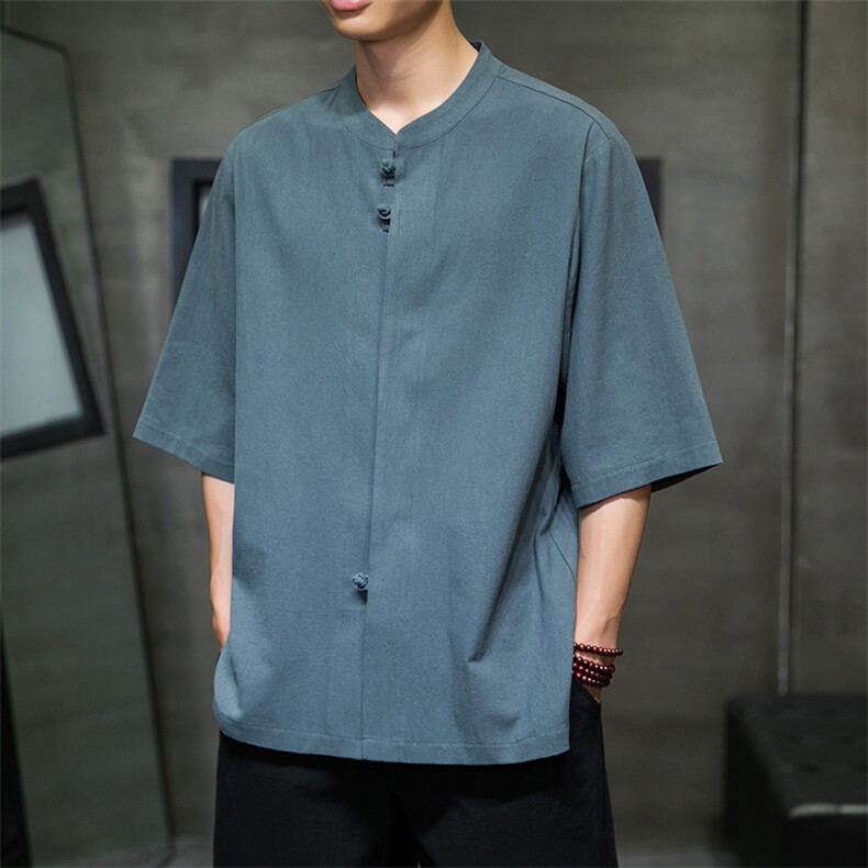 2023风男装盘扣唐装汉服五分袖短袖衬衫A203A-6809,男装T恤,星座815-1（原A203A）