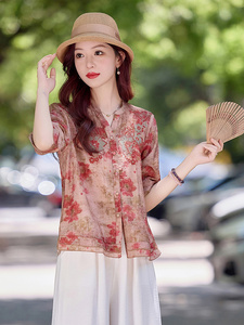 现货！夏季新款2025套装女简约时尚优雅气质天丝麻料印花刺绣上衣图片