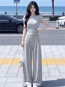 慵懒风时尚休闲套装女夏季新款高级感圆领短袖上衣阔腿长裤两件套图片
