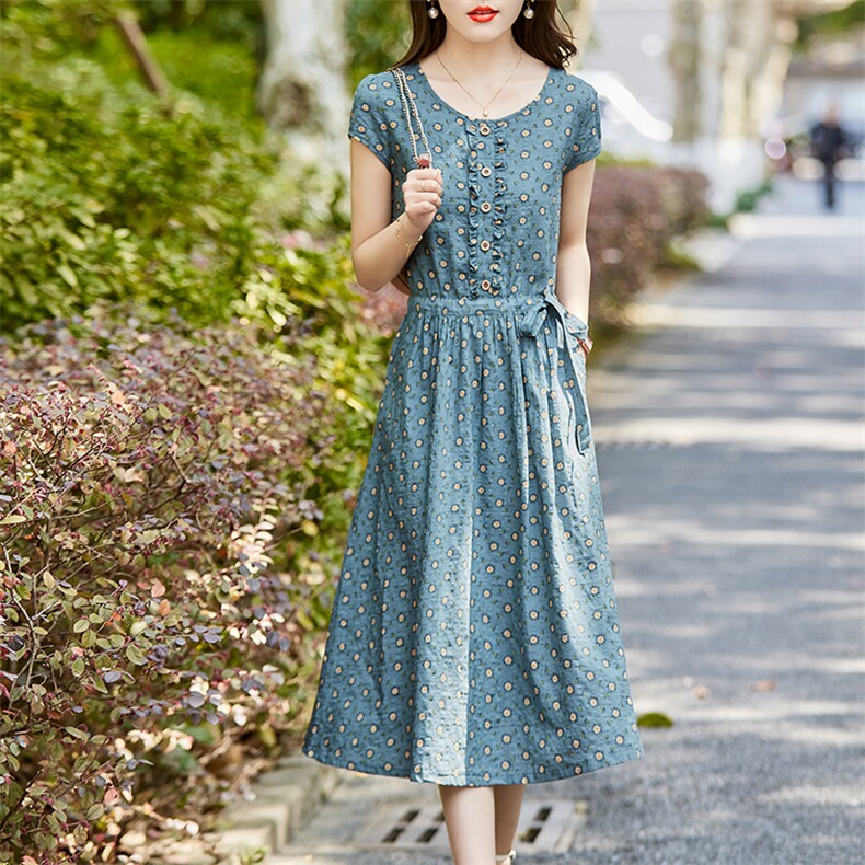 碎花V领连衣裙女夏季薄款2021新款中长款收腰显瘦妈妈棉麻长裙子,女装连衣裙,超帛