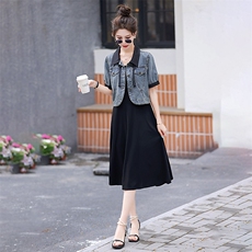 2024夏季新中式盘扣牛仔外套+针织吊带裙复古时尚两件套，女装连衣裙，超帛