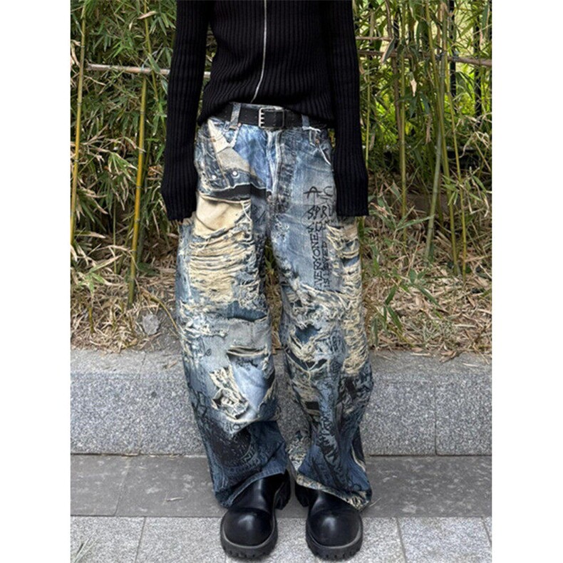 CP1162-P56风格破洞撕裂错视觉3D印花牛仔裤男女款宽松休闲牛仔,男装牛仔裤,电商B323A