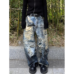 CP1162-P56风格破洞撕裂错视觉3D印花牛仔裤男女款宽松休闲牛仔
