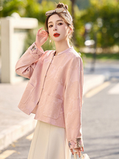 小香风粉色新中式短外套女2026春秋新款复古刺绣宋锦唐装上衣，女装短外套，依如秀(原杭风阁)