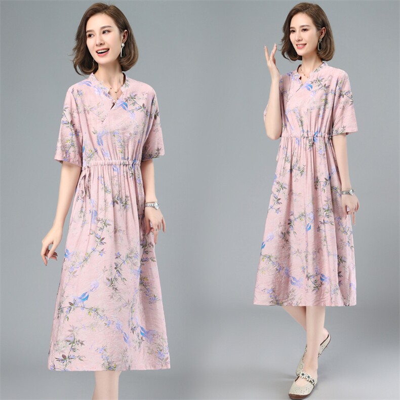 2023年夏季新款潮韩版休闲百搭套头V领碎花短袖连衣裙女中长款，女装连衣裙，简韵佳