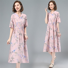 2023年夏季新款潮韩版休闲百搭套头V领碎花短袖连衣裙女中长款，女装连衣裙，简韵佳