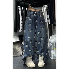 美式复古卡通米奇印花牛仔裤男女街头宽松显瘦阔腿裤W727P50，男装牛仔裤，星座1112-1