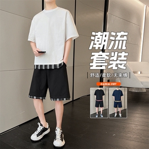 短袖短裤套装男士夏季薄款透气潮流时尚t恤夏装一套休闲运动衣服图片