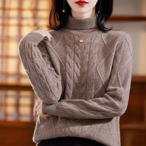 秋冬新款高领羊毛衫女士宽松慵懒纯色绞花加厚针织毛衣图片