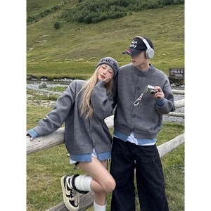 Cleanfit美式复古假两件开衫毛衣松弛感慵懒风情侣亨利领毛衣外套图片