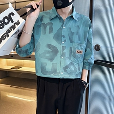 2025春季新款男士衬衫男生七分袖印花衬衫潮牌宽松上衣901C12P58，男装衬衫，星座901