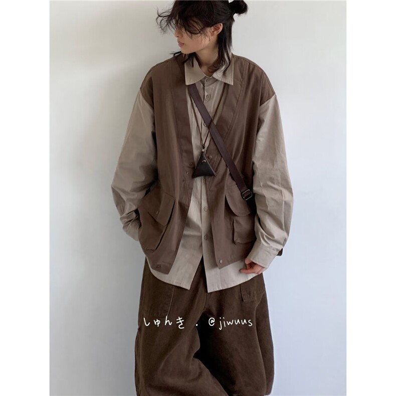 C166-P54日系复古假两件工装衬衫男秋宽松大口袋百搭衬衣,男装衬衫,电商B323A