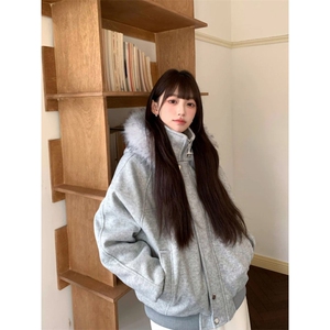 网图座山雕毛领连帽休闲毛呢拼接秋冬棉服情侣款上衣外套P118