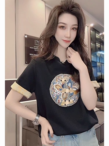 2025时尚百搭简约中式拼接刺绣短袖图片