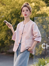 新中式提花短外套女2025春秋新款小个子百搭显瘦唐装国风宋锦上衣，女装短外套，天丽