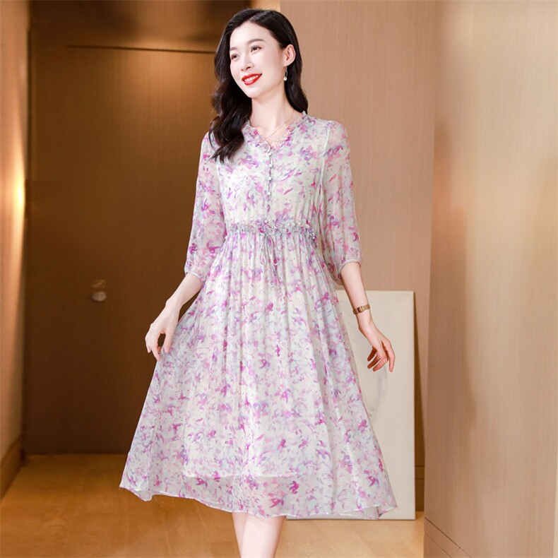 真丝连衣裙2025夏季新款大码女装衣服桑蚕丝高端精致气质碎花裙子,女装连衣裙,阿舍尔精品