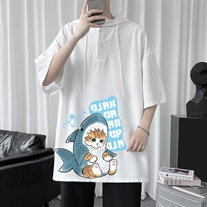 LD54217-P45 连帽短袖t恤男大码胖子带帽五分袖中袖图片