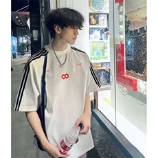 抖音得物品质二开240克宽松纯棉美式潮牌印花三条杠中性风短袖T恤，男装T恤，电商A486