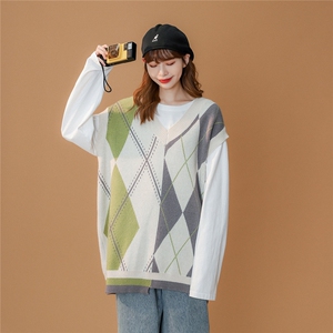中性 22秋冬潮流菱形格子情侣百搭撞色V领马甲毛衣 M21 P55控68图片
