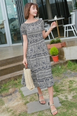 连衣裙圆领松紧腰套头2021年夏季短袖一字领显瘦修身百搭，女装连衣裙，诗贝淇