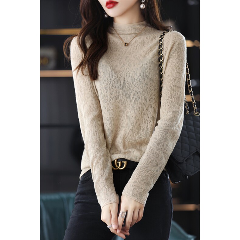 25秋冬100%羊毛衫针织雕花蕾丝镂空毛衣半高领女纯色羊绒短款百搭，女装羊毛衫，科源羊绒
