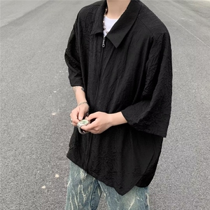 褶皱纹理解构拉链翻领黑色防晒衬衫衬衫休闲上衣男 C4545图片