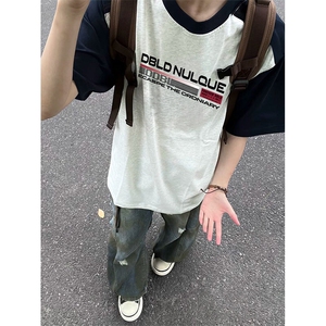 抖音得物高品质二开240克宽松纯棉美式潮牌插肩袖拼接短袖T恤图片