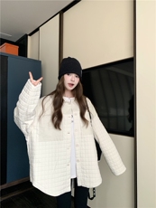 极简奶油风时尚棉服女2025秋季新款宽松圆领排扣短外套高级感气质，女装棉衣/棉服，2D034