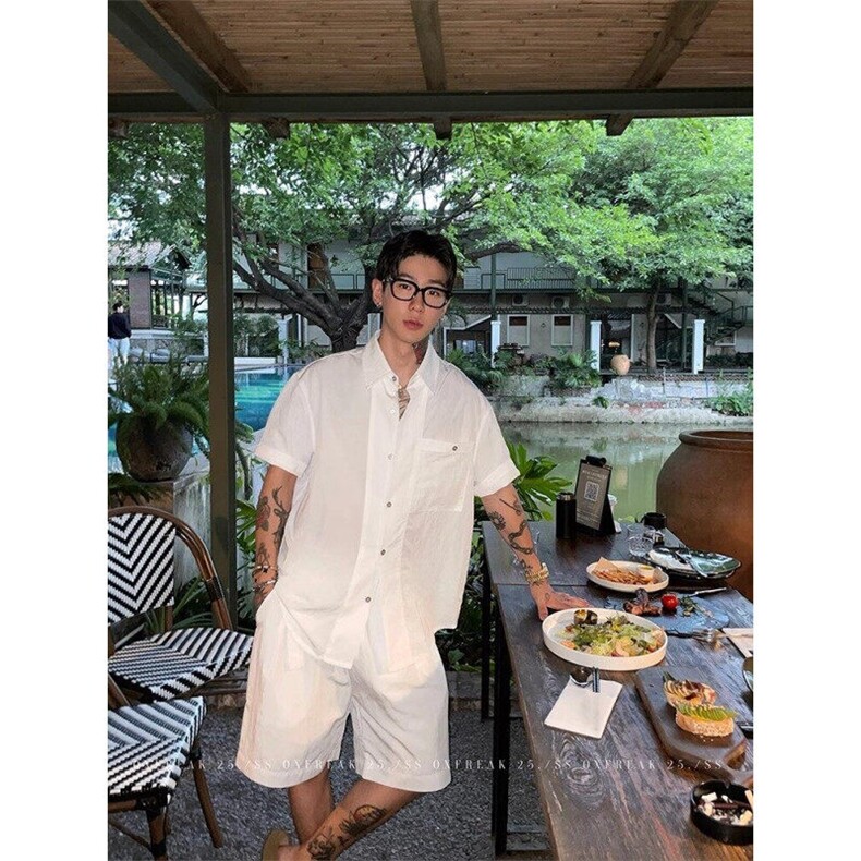 老钱风褶皱冰丝套装男款夏季高级感轻奢短袖衬衫短裤度假一套搭配,男装T恤,星座1004（原星座815-3）
