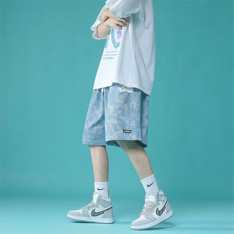 夏季冰丝薄款花短裤宽松新款潮牌休闲青少年五分速干沙滩裤,男装牛仔裤,星座410-7