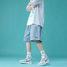 夏季冰丝薄款花短裤宽松新款潮牌休闲青少年五分速干沙滩裤，男装牛仔裤，星座410-7
