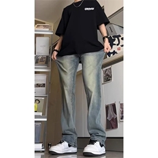 牛仔裤男潮牌美式高街直筒裤子ins潮流宽松微喇长裤情侣N8066-P40，男装牛仔裤，星座1008