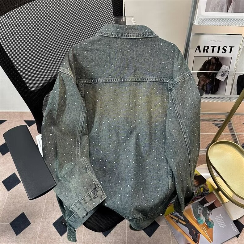 得物高品质巴黎家新款欧美嘻哈泼墨满钻牛仔外套潮牌宽松休闲夹克,男装工装外套,星座1013