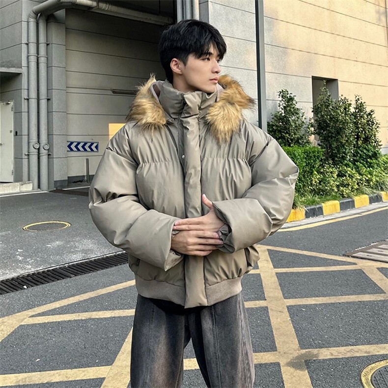 现货三防重磅硬挺boxy短款羽绒棉衣座山雕大毛毛领PU皮棉服外套冬,男装棉衣,电商A486-1