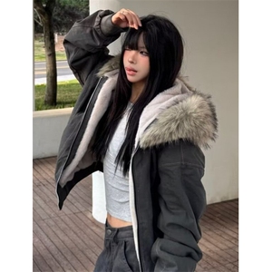 山雕毛绒连帽棉服女冬季棉袄美式宽松棉上衣男夹棉外套 M916图片