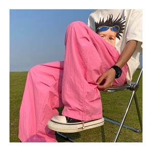 蓝色速干裤子男款夏薄款冰丝透气伞兵裤褶皱设计感直筒阔腿裤图片