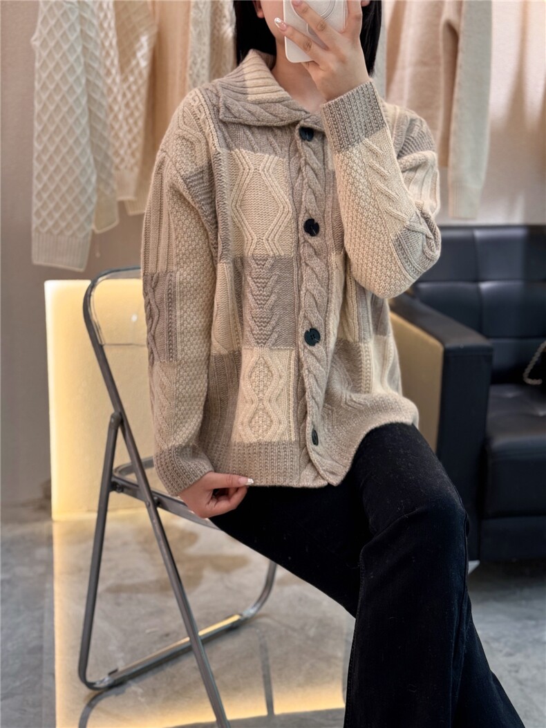 复古格子山羊绒开衫女秋冬宽松针织衫毛衣外套,女装羊绒衫,大千羊绒