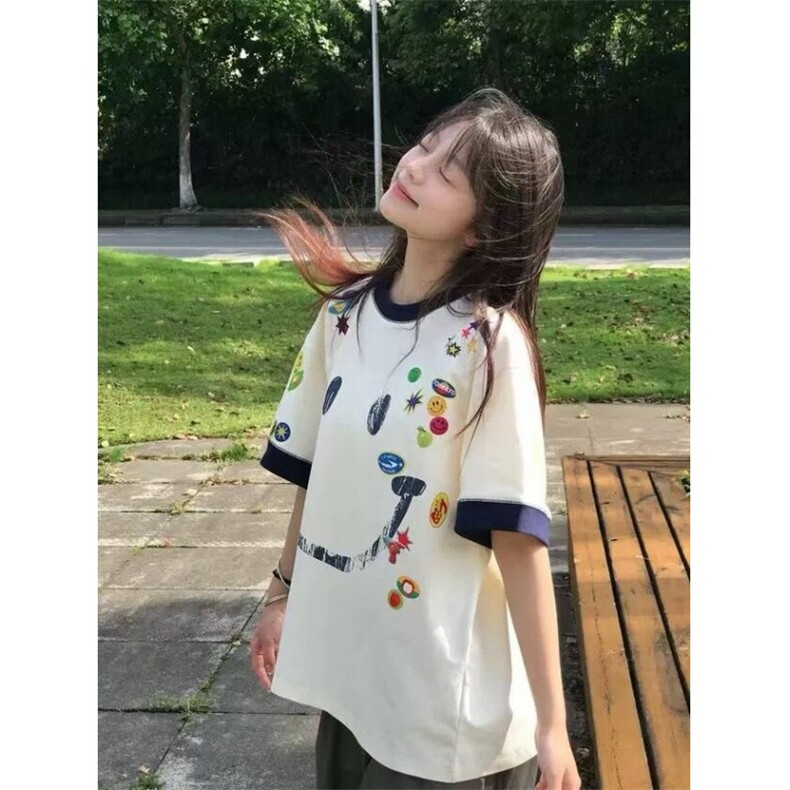 H0998-P35现货#原版打网做法包边拉肩休闲宽松短袖T恤,女装T恤,星座617A-2