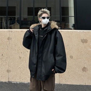 冬季复古百搭保暖可脱卸毛领重磅PU皮棉衣INS厚外套男MF318-P112图片